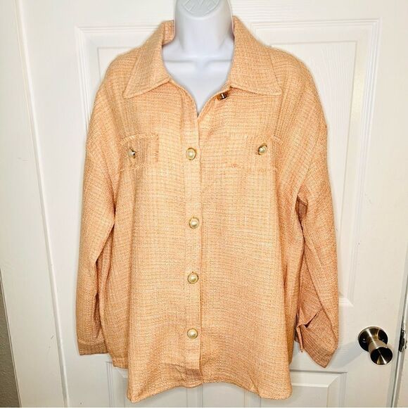 Andree Oversized Pearl Button Down Tweed Shacket Peach M - Picture 4 of 13